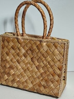 Vintage Lois Hill Woven Rattan Top Handle Structural Bag Animal Print Sides Ties